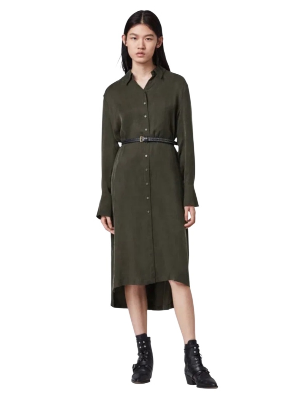 AllSaints Anya Olive Green High-Low Shirt Dress